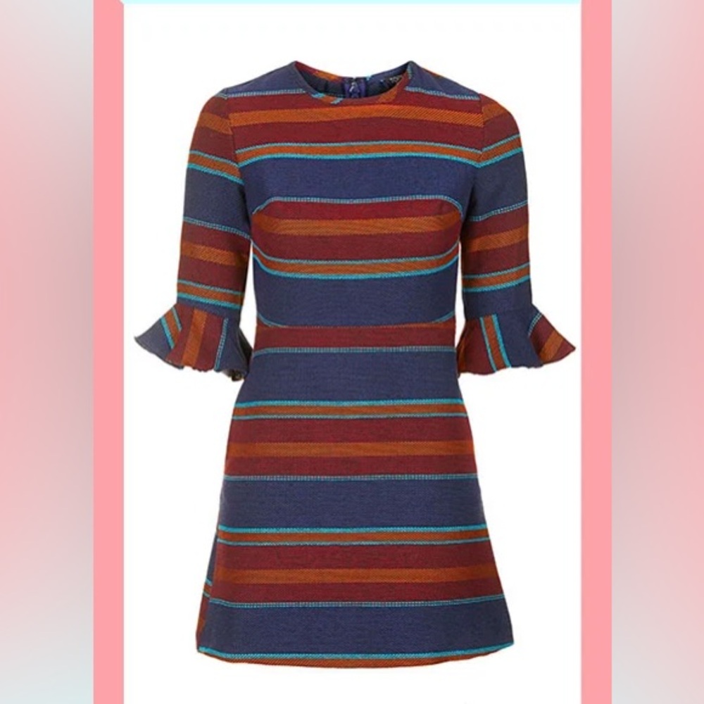 Topshop Knit Stripe Mini Dress US 6 Bell Sleeve Retro‎ Fall Winter Preppy Glam